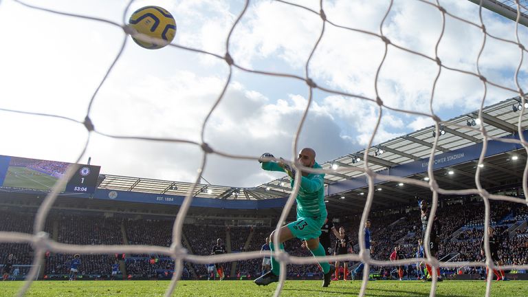 LEICESTER, ENGLAND - FEBRUARY 01: Harvey Barnes of Leicester City beats Chelsea goalkeeper Willy Caballero to score the first Leicester goal during the Premier League match between Leicester City and Chelsea FC at The King Power Stadium on February 01, 2020 in Leicester, United Kingdom. (Photo by Visionhaus)