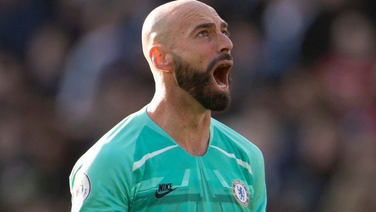 LEICESTER, ENGLAND - FEBRUARY 01: Willy Caballero of Chelsea during the Premier League match between Leicester City and Chelsea FC at The King Power Stadium on February 01, 2020 in Leicester, United Kingdom. (Photo by Visionhaus)