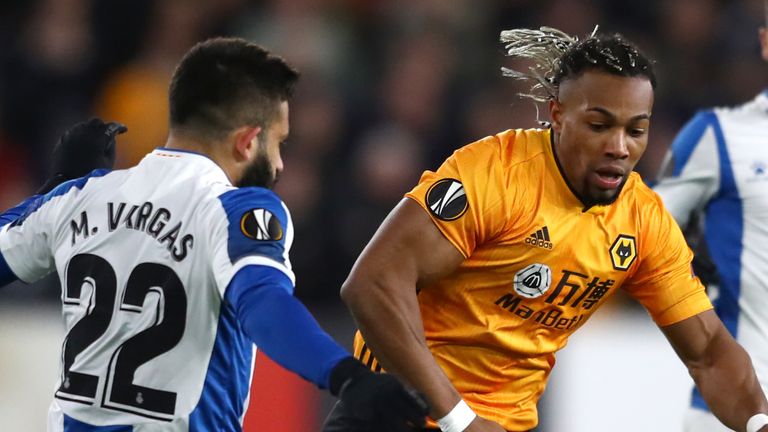 Wolves' Adama Traore battles for possession with Matias Vargas of Espanyol