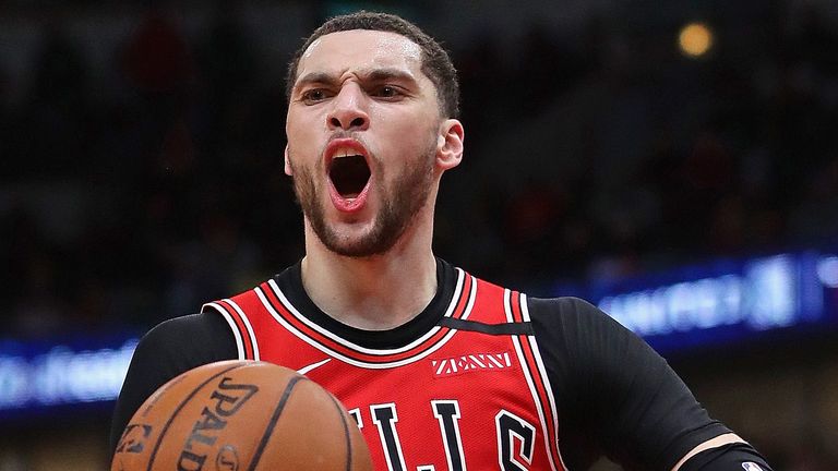 Zach LaVine celebrates after making a big play against the Oklahoma City Thunder