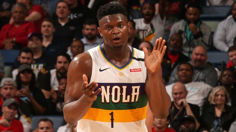 Zion Williamson encourages his team-mates during the Pelicans' win over the Blazers