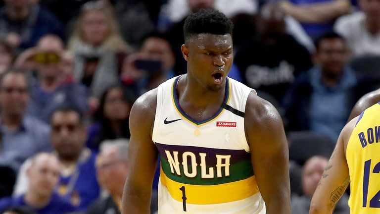 Zion Williamson of the New Orleans Pelicans reacts against the Golden State Warriors