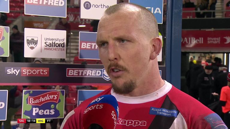 Super League man of the match Dan Sarginson chats to Jenna Brooks following Salford's comeback 18-14 win over Wigan on Friday.