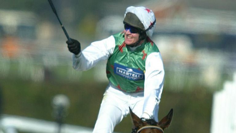 File photo dated 05-04-2003 of Monty's Pass ridden by Barry Geraghty celebrates as he passes the post to win the 2003 Martell Grand National. PA Photo. Issue date: Tuesday March 31, 2020. Grand National hero Monty..s Pass is still going strong at the age of 27 at trainer Jimmy Mangan..s stables in Conna, County Cork .. where he has lived since the age of four. See PA story RACING National Pass. Photo credit should read Phil Noble/PA Wire.