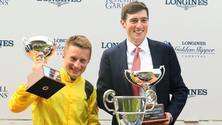 Tom Marquand (left) and stable lad Harry Eustace celebrate