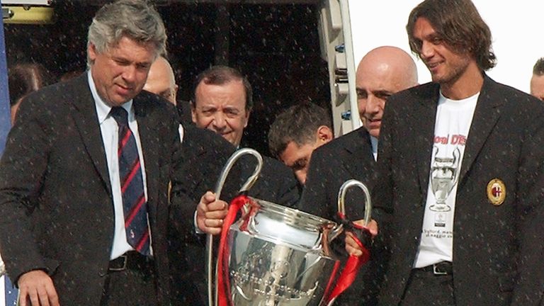 Ancelotti returns to Milan with the Champions League trophy in 2003            