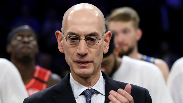 NBA commissioner Adam Silver pictured on court after the 2020 All-Star Game 