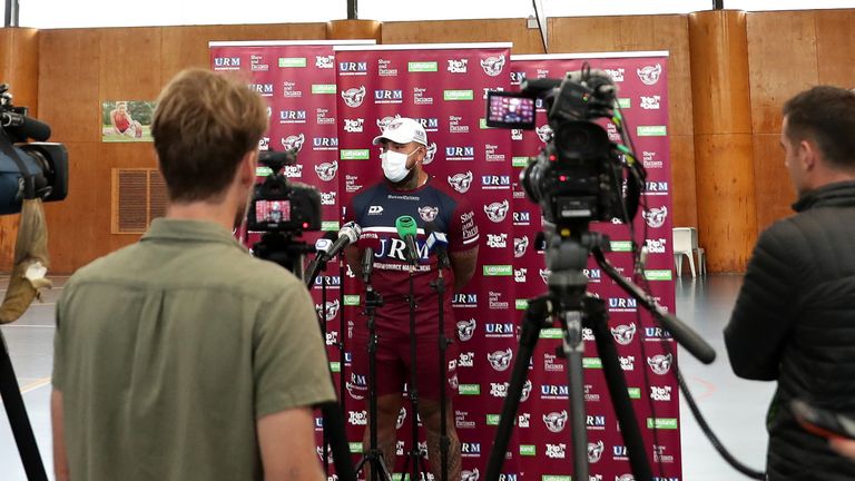 SYDNEY, AUSTRALIA - MARCH 17: Addin Fonua-Blake is seen wearing a face mask as he talks to the media during a Manly Sea Eagles NRL media session at the Sydney Academy of Sport on March 17, 2020 in Sydney, Australia. (Photo by Mark Metcalfe/Getty Images)