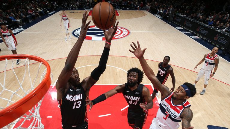 Bam Adebayo of the Miami Heat grabs the rebound against the Washington Wizards