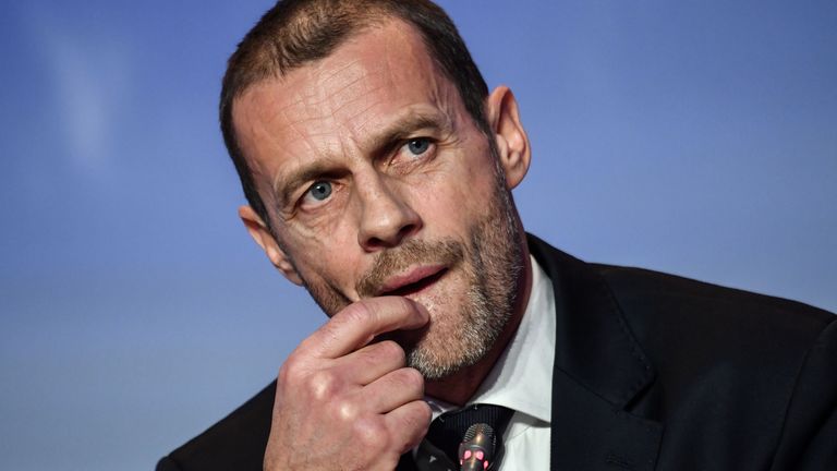 Il presidente UEFA Alexander Ceferin durante una conferenza stampa dopo la sua rielezione