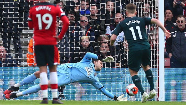 Alex McCarthy of Southampton saves a penalty shot from Matt Ritchie of Newcastle United