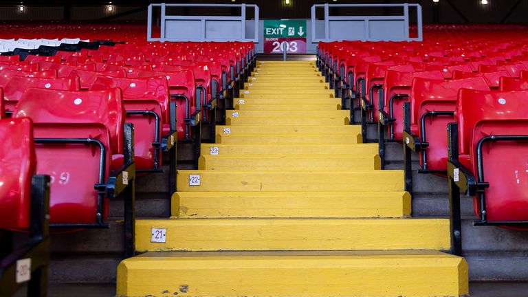 general view inside the empty stadium prior to the UEFA Champions League round of 16 second leg match between Liverpool FC and Atletico Madrid at Anfield on March 11, 2020 in Liverpool, United Kingdom