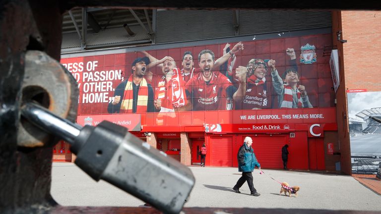 A general view of a locked gate at Anfield following a suspension of all Premier League due to the Coronavirus pandemic