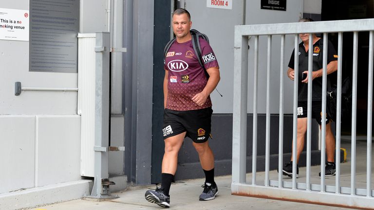 Coach Anthony Seibold is seen walking out of the stadium after a Brisbane Broncos NRL training session is held behind closed doors