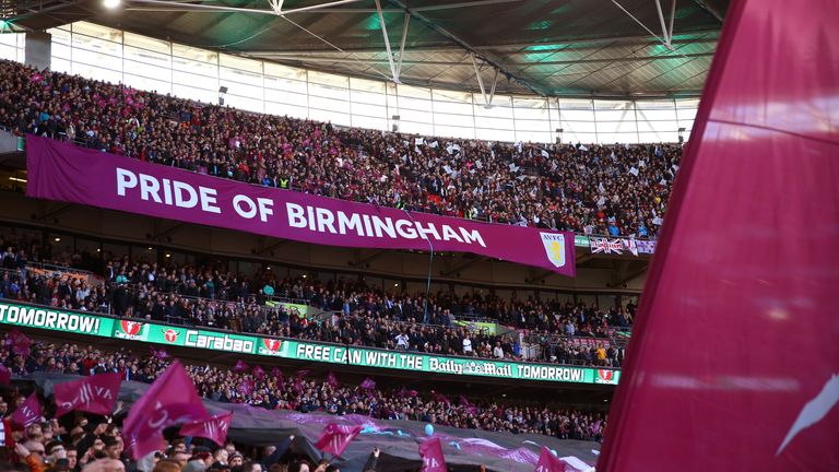 Aston Villa fans display a Pride of Birmingham banner during the Carabao Cup final