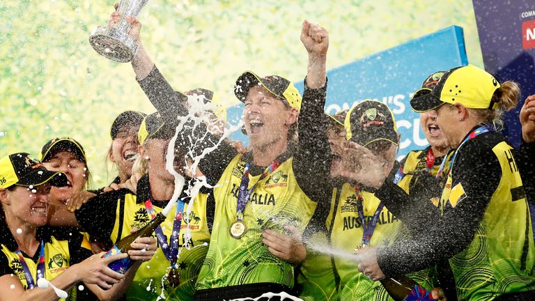 Australia celebrate with the trophy after winning the ICC Women&#39;s T20 Cricket World Cup Final match between India and Australia at the Melbourne Cricket Ground on March 08, 2020 in Melbourne, Australia. (Photo by Ryan Pierse/Getty Images)