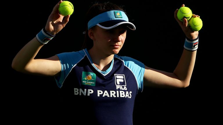 A ball girl in action during the first round match between Denis Kudla of the United States and Yoshihito Nishioka of Japan on day four of the BNP Paribas Open at the Indian Wells Tennis Garden on March 07, 2019 in Indian Wells, California. 