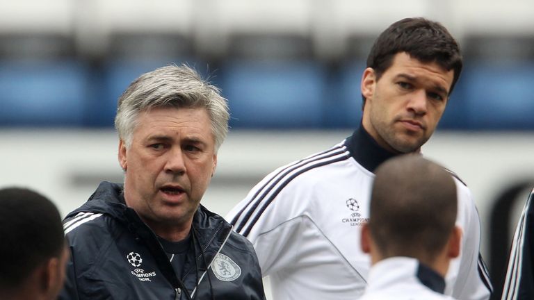 Ballack listens in as Carlo Ancelotti speaks to the Chelsea squad before a Champions League tie
