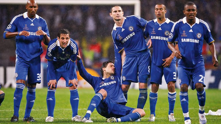 Ballack collapses to the floor in Chelsea's penalty shoot-out defeat to Manchester United in the 2008 Champions League final