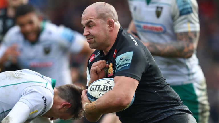 EXETER, ENGLAND - FEBRUARY 23: Ben Moon of Exeter charges into Alex Mitchell of Northampton during the Gallagher Premiership Rugby match between Exeter Chiefs and Northampton Saints at on February 23, 2020 in Exeter, England. (Photo by Michael Steele/Getty Images)