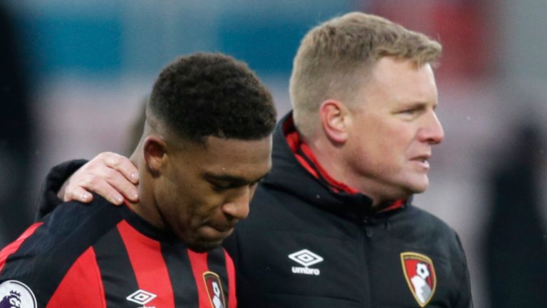 BOURNEMOUTH, ENGLAND - MARCH 17: Eddie Howe, Manager of AFC Bournemouth embraces Jordon Ibe following the Premier League match between AFC Bournemouth and West Bromwich Albion at Vitality Stadium on March 17, 2018 in Bournemouth, England. (Photo by Henry Browne/Getty Images)