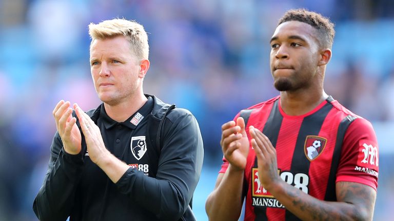 LEICESTER, ENGLAND - AUGUST 31: Eddie Howe, Manager of AFC Bournemouth and Jordon Ibe of AFC Bournemouth acknowledge the fans following their teams defeat in the Premier League match between Leicester City and AFC Bournemouth at The King Power Stadium on August 31, 2019 in Leicester, United Kingdom. (Photo by Marc Atkins/Getty Images)
