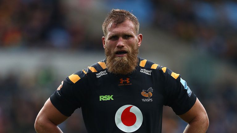 Brad Shields of Wasps in action during the Gallagher Premiership Rugby match between Wasps and London Irish at the Ricoh Arena on October 20, 2019 in Coventry, England.