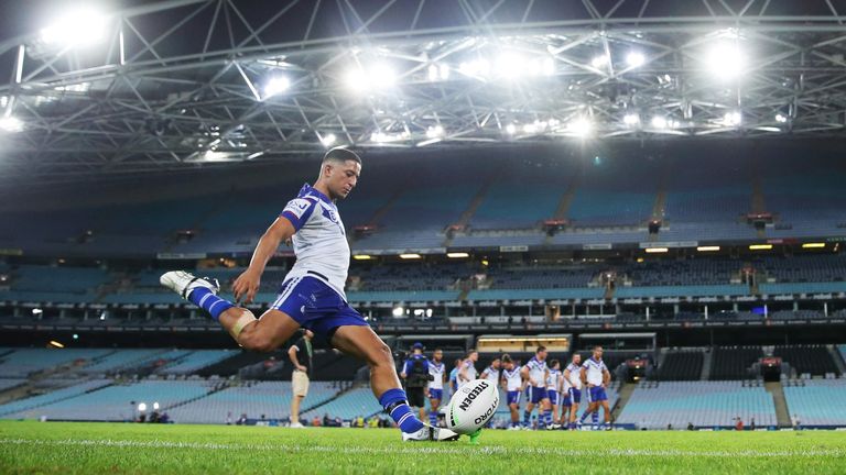 SYDNEY, AUSTRALIA - MARCH 19: Brendon Wakeham takes a conversion attempt during the round 2 NRL match between the Canterbury Bulldogs and the North Queensland Cowboys at ANZ Stadium on March 19, 2020 in Sydney, Australia.Due to the COVID-19 virus outbreak, the fixture is the first top-level Sydney rugby league match played in 112 years where fans are locked out of the ground. This is due to a NSW Public Health Order prohibiting outdoor events with more than 500 people.