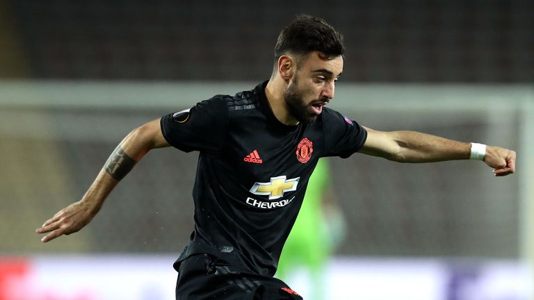 Bruno Fernandes in action for Manchester United against LASK