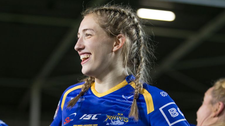 Picture by Isabel Pearce/SWpix.com - 11/10/2019 - Rugby League - Women's Super League Grand Final - Castleford Tigers v Leeds Rhinos - The Totally Wicked Stadium, Langtree Park, St Helens, England - Caitlin Beevers of Leeds celebrates the win.