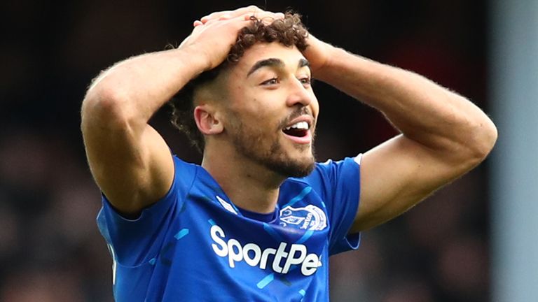Dominic Calvert-Lewin can't believe his goal is disallowed in Everton's draw with Manchester United.