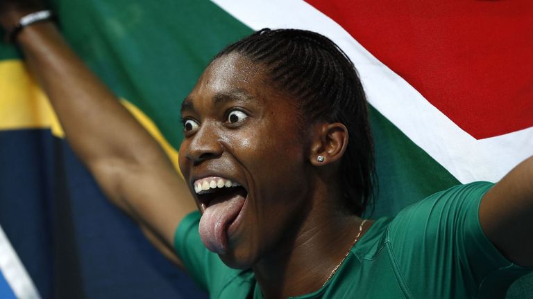 Caster Semenya celebrates winning the Olympic Gold 800m title in Rio in 2016