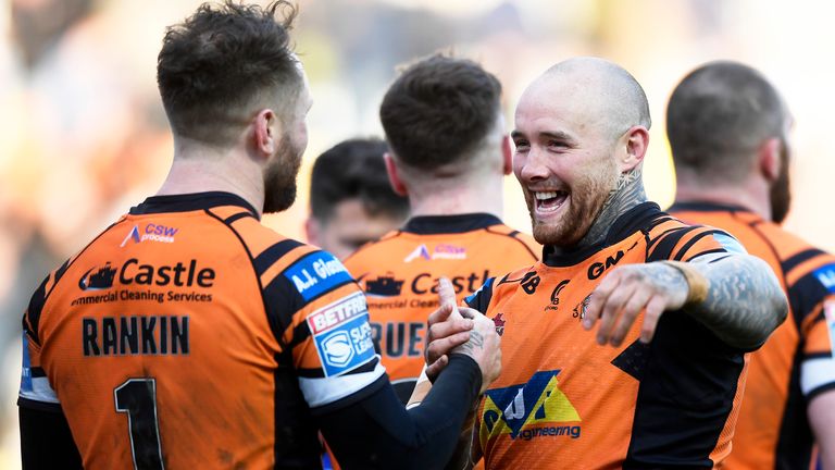 Nathan Massey of Castleford and Jordan Rankin of Castleford celebrate at the final whistle during the Betfred Super League match between Castleford Tigers and St Helens at The Jungle on March 15, 2020 in Castleford, England. 