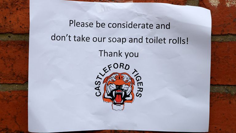 A notice outside the toilets regarding soap and toilet rolls at The Mend-A-Hose Jungle, Castleford. PA Photo. Picture date: Sunday March 15, 2020. See PA story RUGBYL Castleford. Photo credit should read: Richard Sellers/PA Wire. RESTRICTIONS: Editorial use only. No commercial use. No false commercial association. No video emulation. No manipulation of images.       