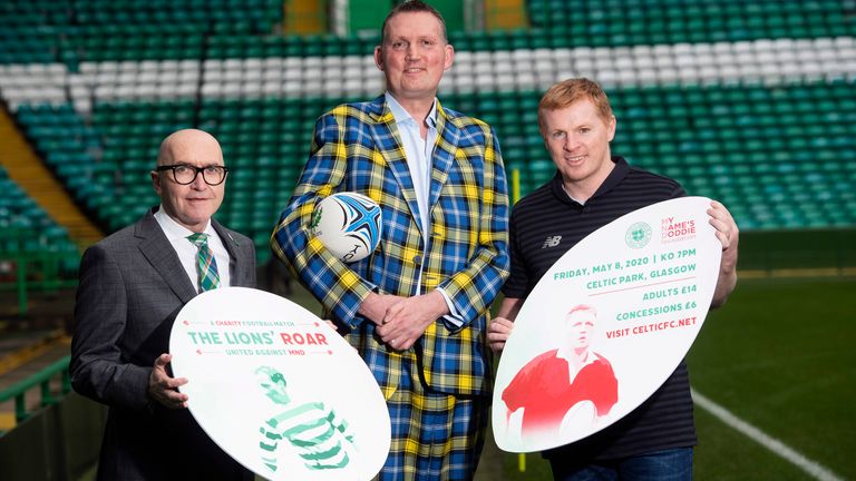 (L-R) Celtic Foundation's Tony Hamilton, Doddie Weir and Celtic manager Neil Lennon are pictured following the launch of a fundraising effort in support of MND charities