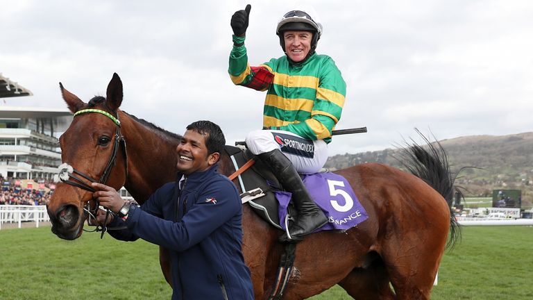 Champ ridden by Barry Geraghty celebrating victory in the RSA Insurance Novices' Chase during day two of the Cheltenham Festival at Cheltenham Racecourse. PA Photo. Picture date: Wednesday March 11, 2020. See PA story RACING Cheltenham. Photo credit should read: Andrew Matthews/PA Wire. RESTRICTIONS: Editorial Use only, commercial use is subject to prior permission from The Jockey Club/Cheltenham Racecourse.