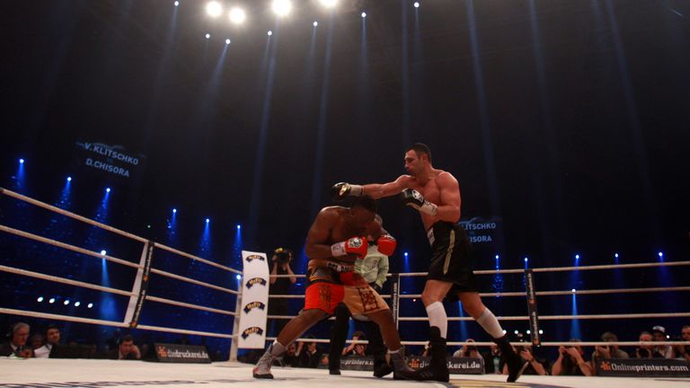 Vitali Klitschko of Ukraine exchanges punches with Dereck Chisora of Great Britain during their WBC Heavyweight World Championship fight at Olympia Halle on February 18, 2012 in Munich, Germany.