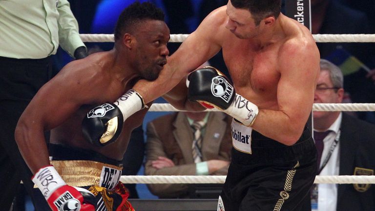 Vitali Klitschko (x) of Ukraine hits a punch to Dereck Chisora of the UK during their WBC heavyweight World Championship title fight on February 18, 2012 in Munich, Germany. *** Local Caption *** Vitali Klitschko; Dereck Chisora