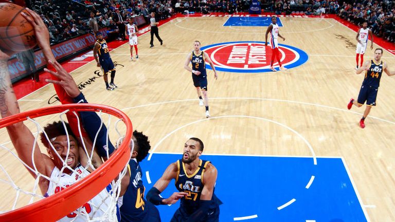 Christian Wood of the Detroit Pistons goes up for a dunk during the game against the Utah Jazz