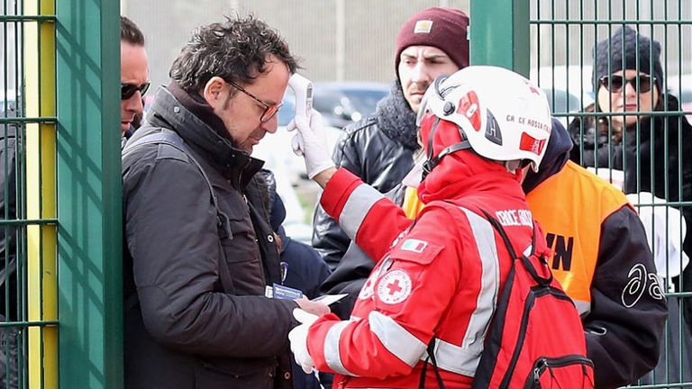 Fans are scanned for signs of Coronavirus (COVID-19) by medical personnel before the Serie A match between Lecce and Atalanta on Sunday March 1, 2020