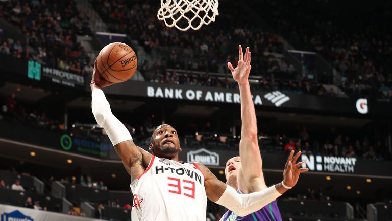  Robert Covington of the Houston Rockets goes up for a dunk during the game against the Charlotte Hornets