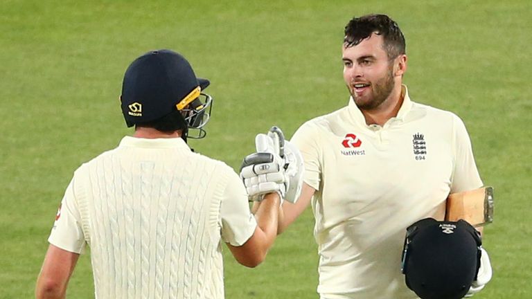 Dom Sibley (R) celebrates his century against Australia A with team-mate Dan Lawrence