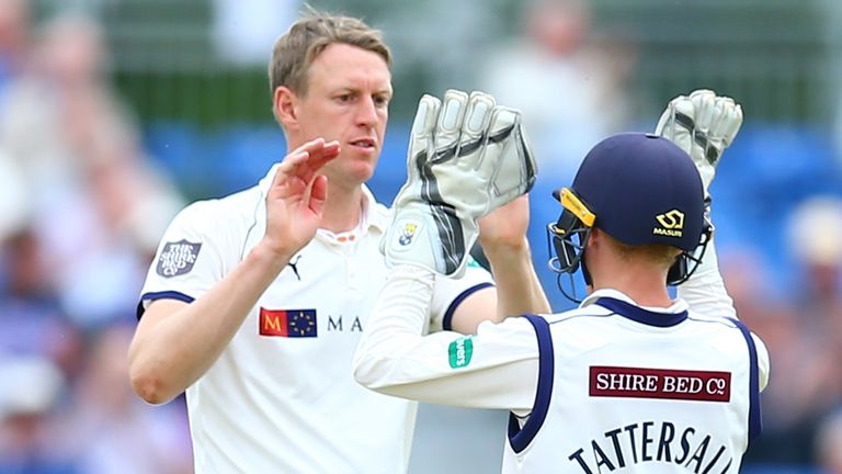 Yorkshire's Steven Patterson (L) celebrates a wicket