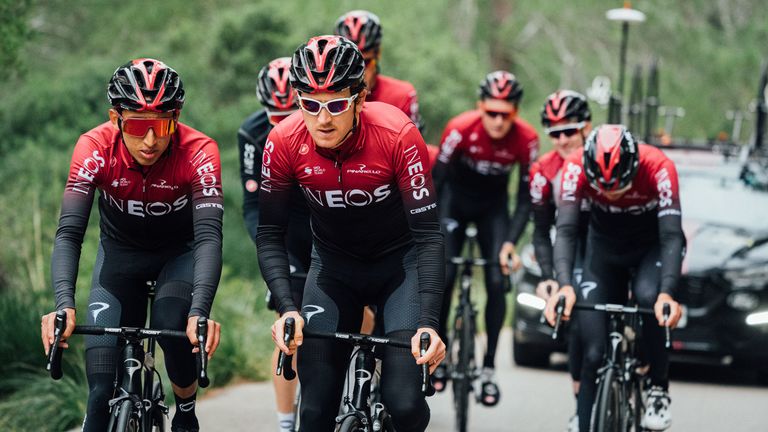 Team INEOS riders set off on a ride at their pre-season training camp in Gran Canaria.