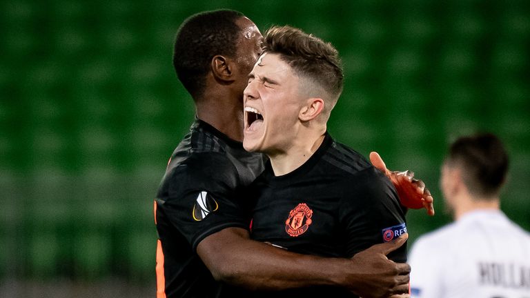 Daniel James celebrates after scoring for Manchester United against LASK