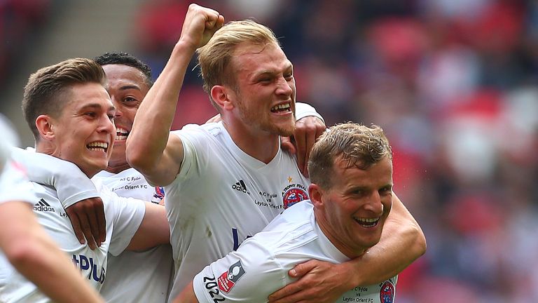 Danny Rowe celebrates with team-mates after scoring for AFC Fylde in the FA Trophy final in 2019