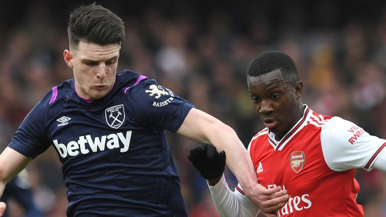 Declan Rice in action for West Ham against Arsenal