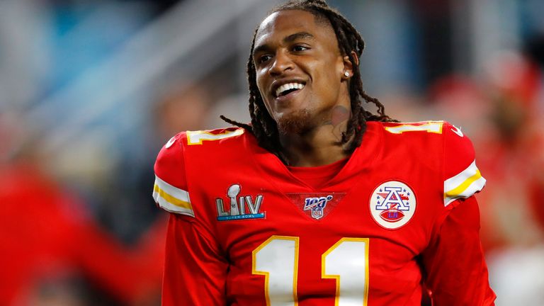 Demarcus Robinson #11 of the Kansas City Chiefs celebrates after defeating the San Francisco 49ers in Super Bowl LIV at Hard Rock Stadium on February 02, 2020 in Miami, Florida.