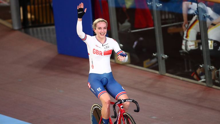 Great Britain&#39;s Elinor Barker celebrates gold in the Women&#39;s Point Race at the 2020 UCI Track Cycling World Championships at Velodrom, Berlin.