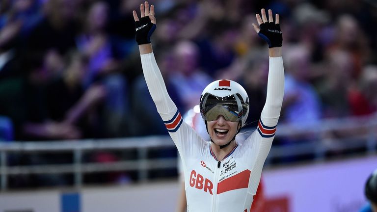 Great Britain's Elinor Barker celebrates after the women's 25km points final at the UCI track cycling World Championship at the velodrome in Berlin